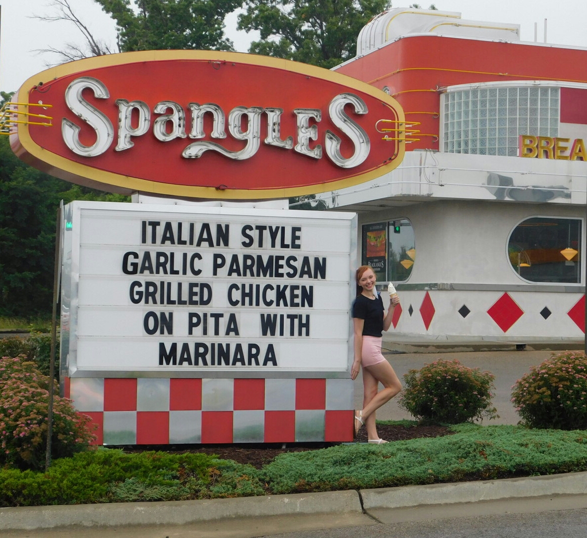 Spangles, Wanamaker Road. Founded in 1978, Spangles incorporates elements such as neon, bold colors, and the geometric juxtaposition. The particular restaurant was probably built around 2005, yet its heart is mid-century.